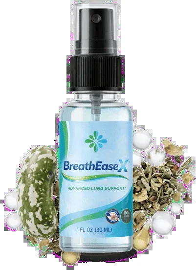 Breathe Ease X lung support oral spray bottle surrounded by botanical ingredients including olive leaf and dried herbs