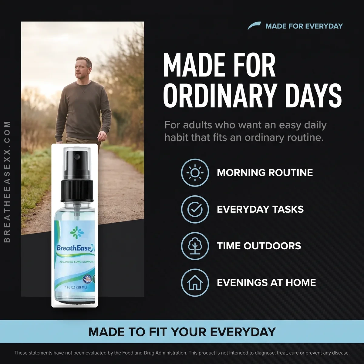 Who Breathe Ease X is for: adults who want an easy daily breathing habit for mornings, everyday tasks, time outdoors and evenings at home